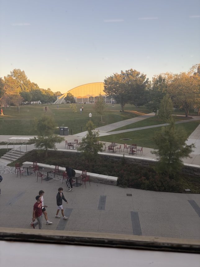 Figure 3: A picture taken from Dietrick hall 2nd floor facing Cassell Coliseum at Sunset, It shows the front view of Cassell Coliseum facing North during sunset. (Original photograph, Anjan Bellamkonda)