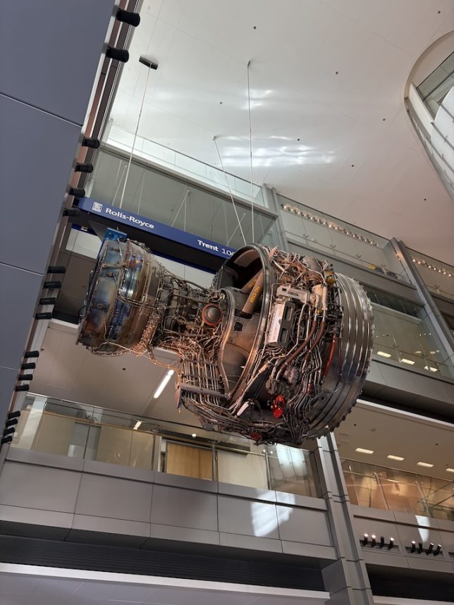 Figure 6: A picture taken in Goodwin Hall of the Trent Engine hanging from the ceiling with ropes. (Original photograph, Anjan Bellamkonda)