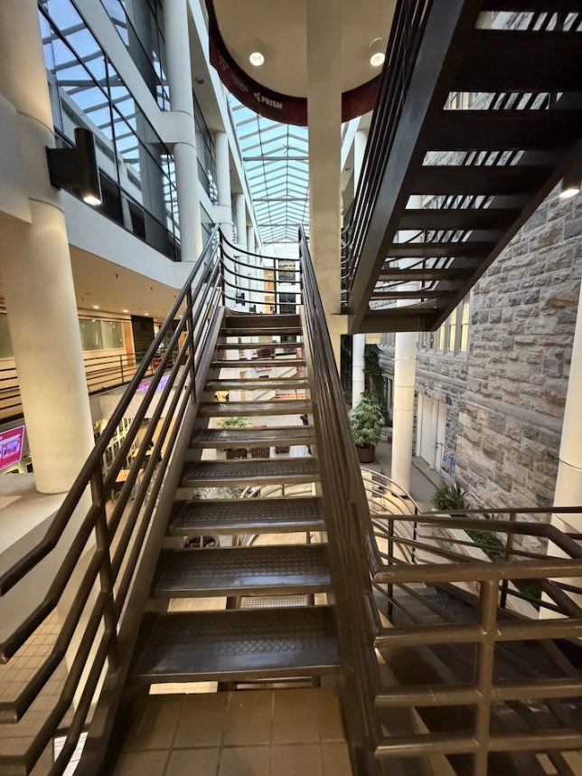 Figure 14: A picture of the staircase connecting the second floor and third floor at Pamplin Hall. (Original photograph, Anjan Bellamkonda)