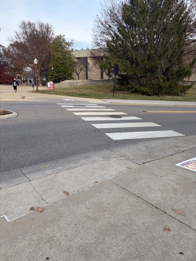 Figure 21: A picture taken at the zebra crossing in front of East Eggleston Hall and Newman library ground floor during non traffic time. (Original photograph, Anjan Bellamkonda)